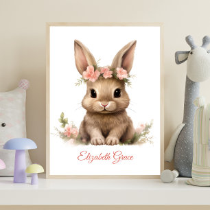 Personalisierter Babyhase rosa Blumen Kinderzimmer Poster