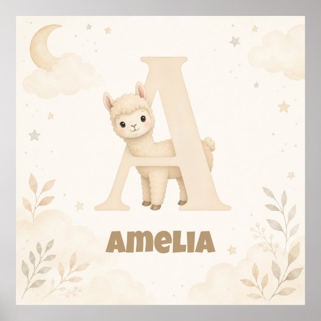Personalisierter Babyname Alpaka Buchstabe A Poster (Vorne)