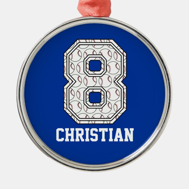 Personalisierter Baseball Nr. 8 Silbernes Ornament (Vorne)
