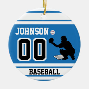 Personalisierter Baseballfänger   Blau und Weiß Keramik Ornament