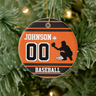 Personalisierter Baseballfänger   Orange und Schw Keramik Ornament