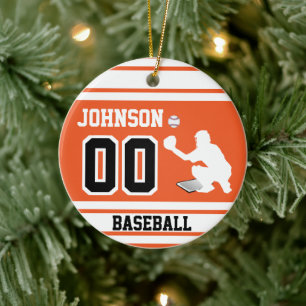 Personalisierter Baseballfänger Orange und Schwa Keramik Ornament