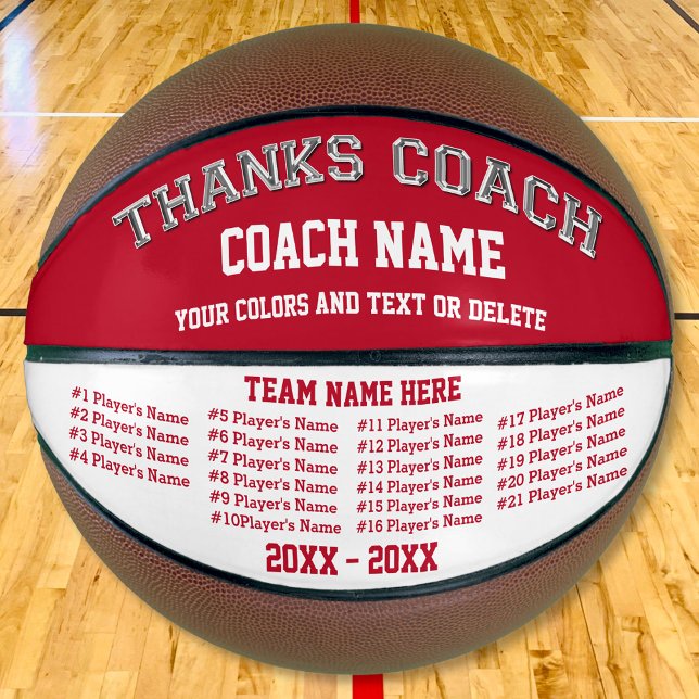Personalisierter Basketball-Ball in Rot und Weiß Basketball (Personalised, Coach Basketball with All Players Names. Personalized Coach Gift Ideas. Red and White.)