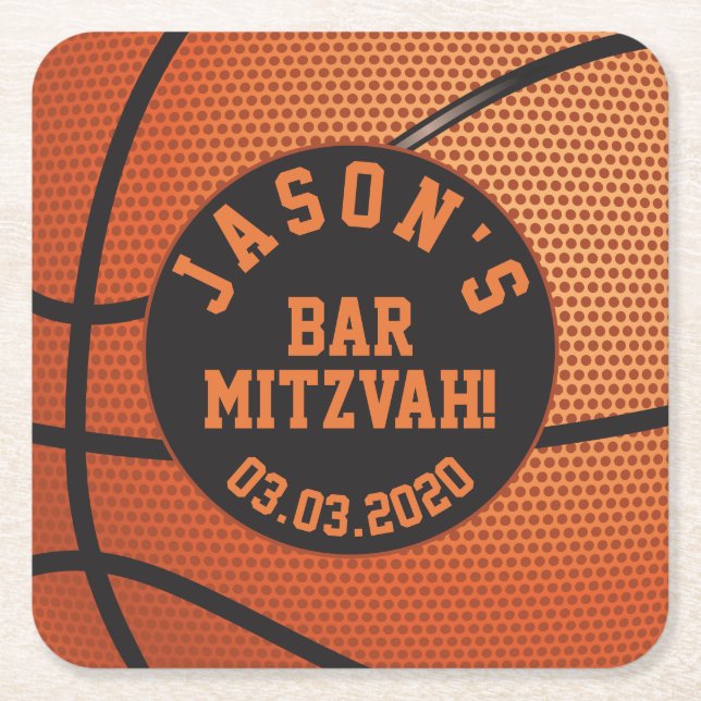 Personalisierter Basketball Bar Mitzvah Orange Sch Rechteckiger Pappuntersetzer (Vorderseite)