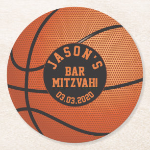 Personalisierter Basketball Bar Mitzvah Orange Sch Runder Pappuntersetzer