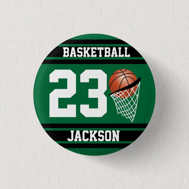 Personalisierter Basketball Dunkelgrün und Schwarz Button (Vorderseite)