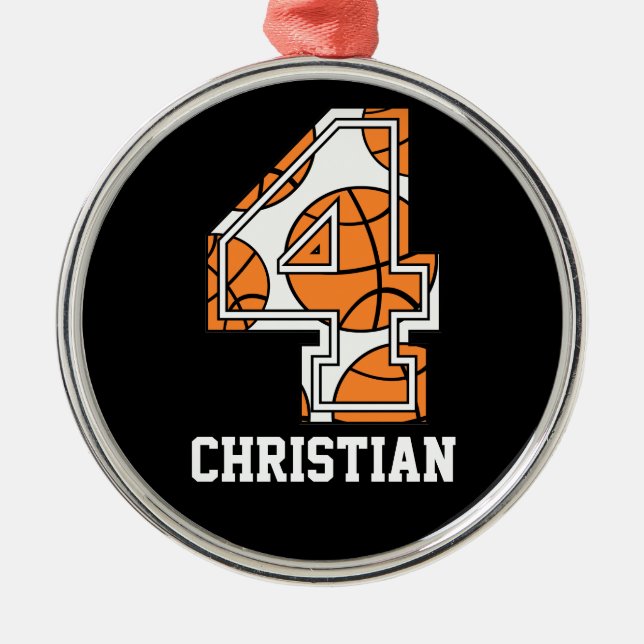 Personalisierter Basketball Nr. 4 Silbernes Ornament (Vorne)