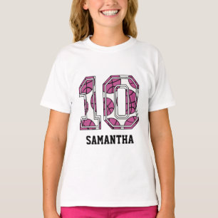 Personalisierter Basketball Nummer 10 Rosa und Wei T-Shirt