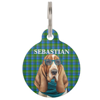 Personalisierter Basset Hound Hund und blau karier Haustiermarke
