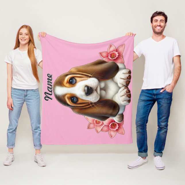 Personalisierter Basset-Hund-Welpe mit Blume Fleecedecke (Beispiel)