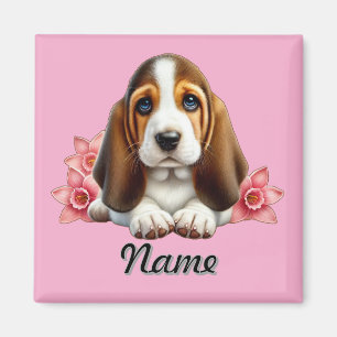 Personalisierter Basset-Hund-Welpe mit Blume Magnet