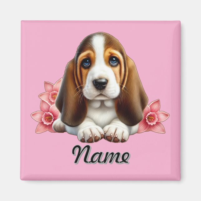 Personalisierter Basset-Hund-Welpe mit Blume Magnet (Vorne)