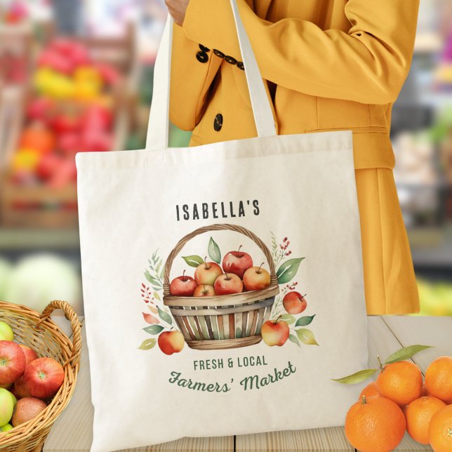 Personalisierter Bauernmarkt Rustikaler Apfelkorb Tragetasche (A personalized tote bag with Farmers' Market theme, with illustration of a basket of apples)