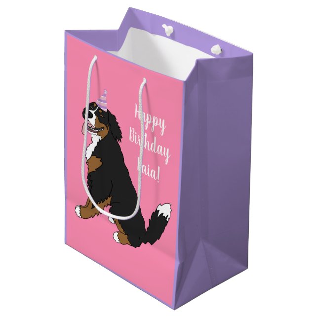 Personalisierter Berner Hund Geburtstag Mittlere Geschenktüte (Vorderseite Schrägansicht)
