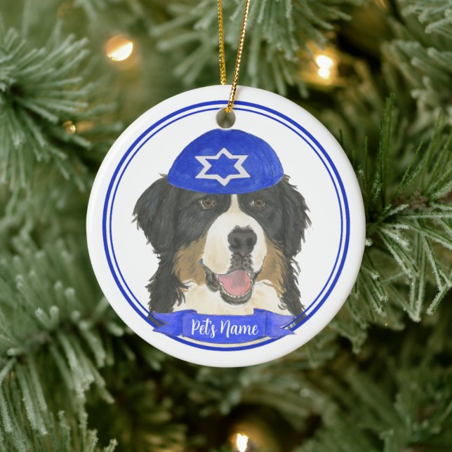 Personalisierter Berner Hund Hanukkah Blau Keramik Ornament (Baum)
