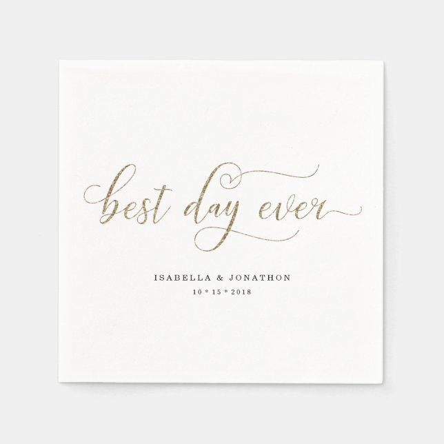 Personalisierter Best Day Ever Gold Glitzer Hochze Serviette (Vorderseite)