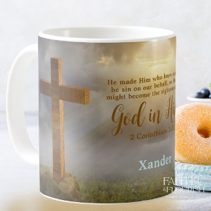 Personalisierter Bibelvers Holzkreuz Kaffeetasse