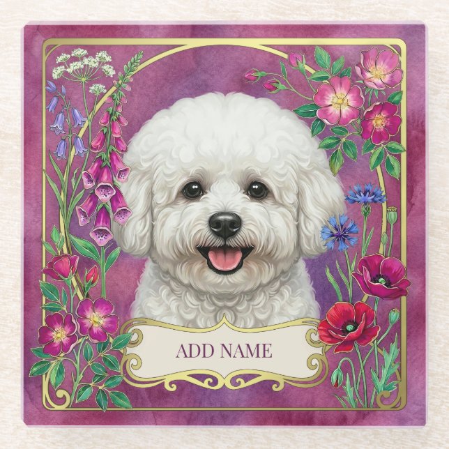 Personalisierter Bichon Frise Rosa Glasuntersetzer (Vorderseite)