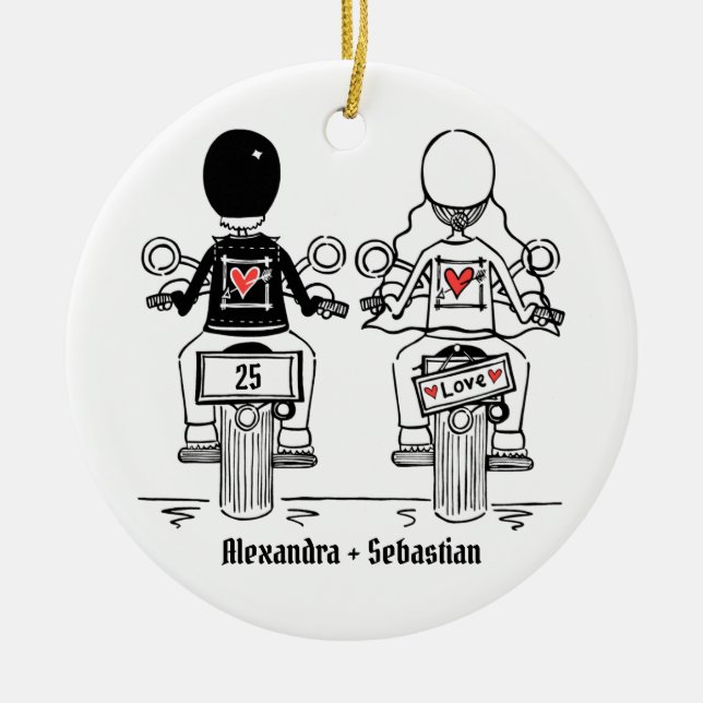 Personalisierter Biker-Hochzeitstipendium Keramik Ornament (Vorne)