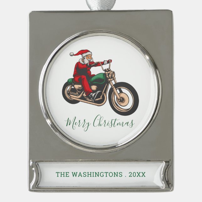 Personalisierter Biker in Santa Costume Weihnachte Banner-Ornament Silber (Vorderseite)