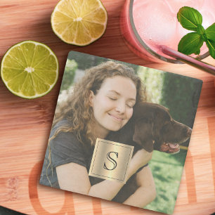 Personalisierter Bilderrahmen aus Gold mit schwarz Steinuntersetzer