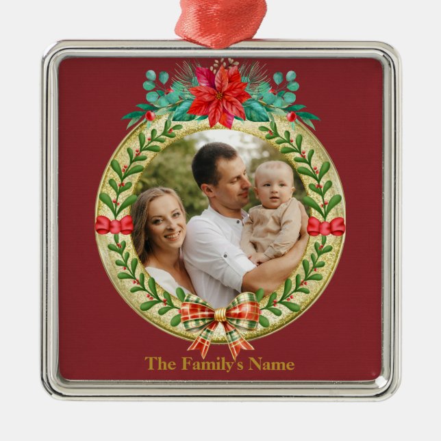 Personalisierter Bilderrahmen und Weihnachtskranz Ornament Aus Metall (Vorne)