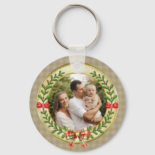 Personalisierter Bilderrahmen und Weihnachtskranz Schlüsselanhänger (Vorderseite)