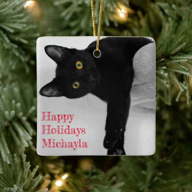 Personalisierter Black Cat Besitzer Weihnachten Keramikornament (Baum)