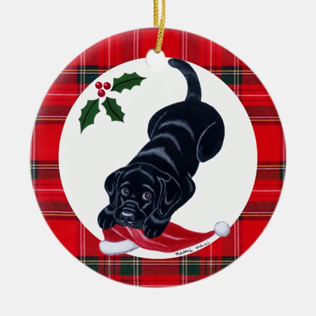 Personalisierter Black Lab Welpe Keramikornament (Vorne)