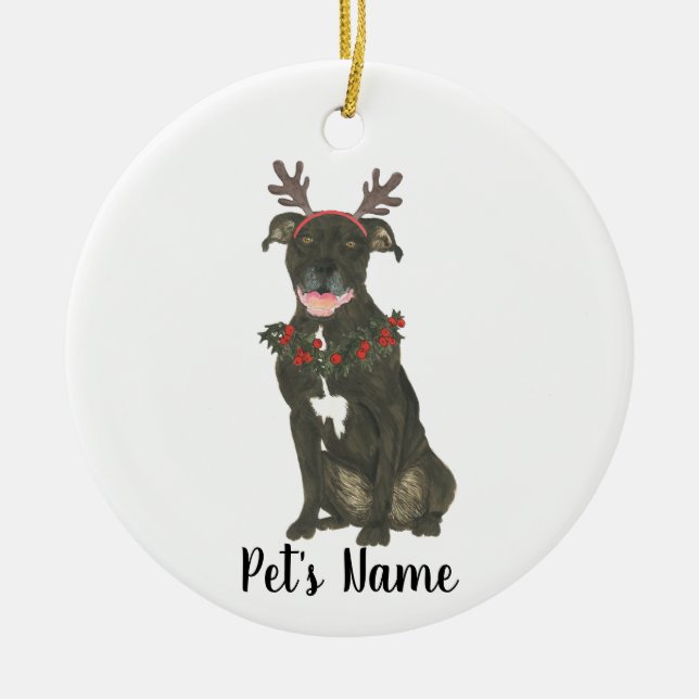 Personalisierter Black Pitbull Staffy Antlers Wrea Keramik Ornament (Vorne)