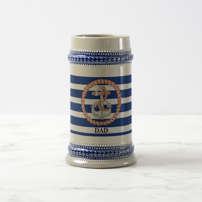 Personalisierter blau gestreifter Anker 1 Stein Bierglas (Mittel)