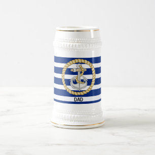 Personalisierter blau gestreifter Anker 3 Stein Bierglas
