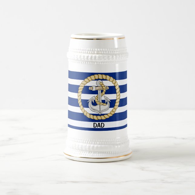 Personalisierter blau gestreifter Anker 3 Stein Bierglas (Mittel)