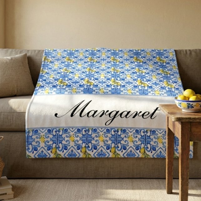 Personalisierter blauer Azulejo-Wasserfarben-Monog Fleecedecke (Von Creator hochgeladen)