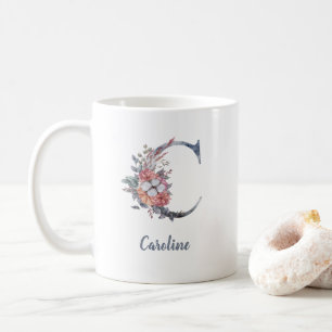 Personalisierter blauer Blumenmonogramm-C-Kaffeebe Kaffeetasse