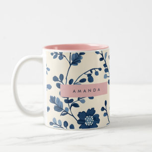 Personalisierter blauer Blumenranken-Stil Zweifarbige Tasse