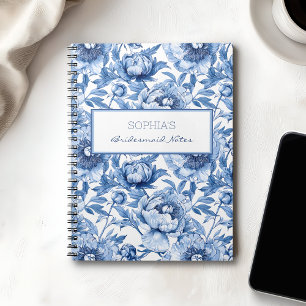 Personalisierter blauer Brautjungfer-Name Floral F Notizblock