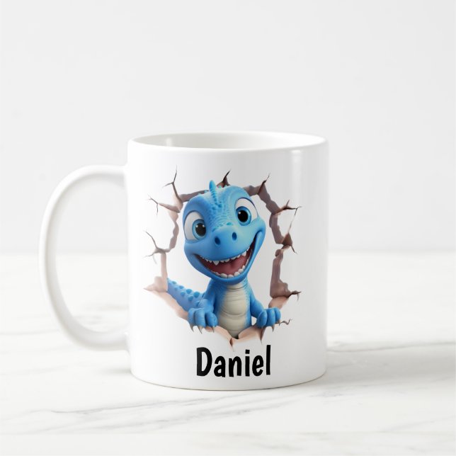 Personalisierter blauer Dinosaurier-Becher | Gesch Kaffeetasse (Links)