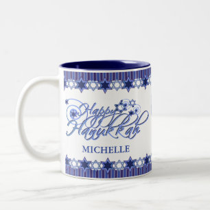 Personalisierter blauer Frohes Chanukka-Stern Zweifarbige Tasse