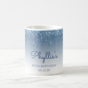 Personalisierter blauer Glitter-Drip zum 80. Gebur Kaffeetasse