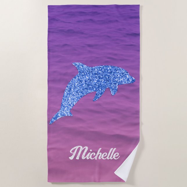 Personalisierter blauer Glitzer Dolphin Rosa und L Strandtuch (Vorderseite)