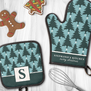 Personalisierter blauer grüner Weihnachtsbaum-Mono Ofenhandschuh & Topflappen-Set