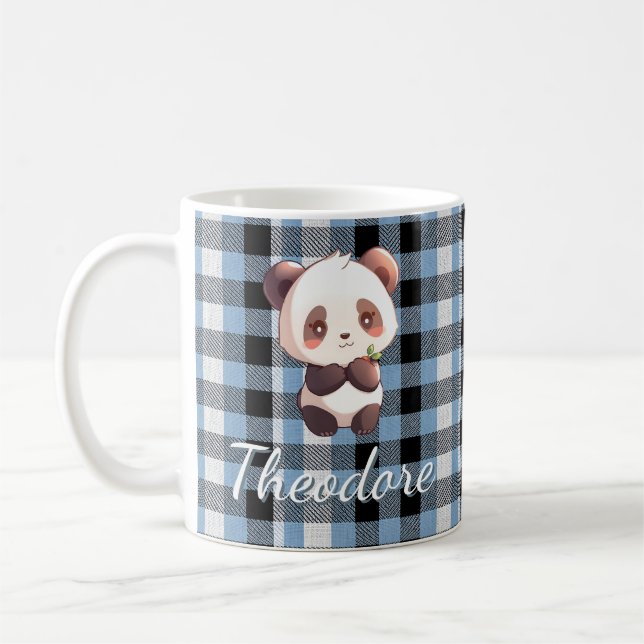 Personalisierter blauer Karo-Panda Kaffeetasse (Links)
