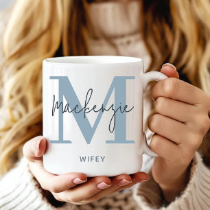 Personalisierter blauer Monogramm-Becher Hochzeits Kaffeetasse