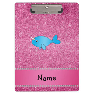 Personalisierter blauer narwhal rosa NamensGlitter Klemmbrett