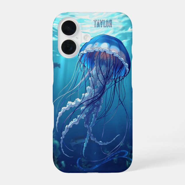 Personalisierter blauer Quallen-Ozean iPhone 16 Hülle (Rückseite)