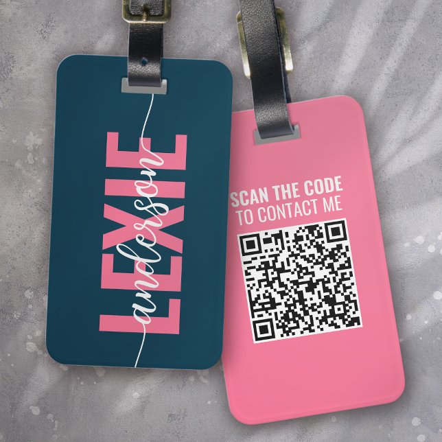 Personalisierter blauer rosa Monogramm-QR-Code Gepäckanhänger (Von Creator hochgeladen)