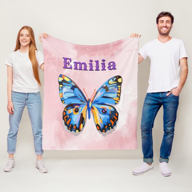 Personalisierter Blauer Rosa Schmetterling Fleecedecke (Beispiel)