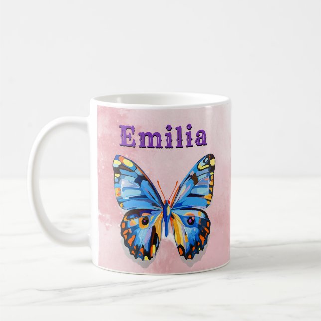 Personalisierter Blauer Rosa Schmetterling Kaffeetasse (Links)