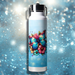 Personalisierter Blauer Schmetterling und rosa Blu Trinkflasche